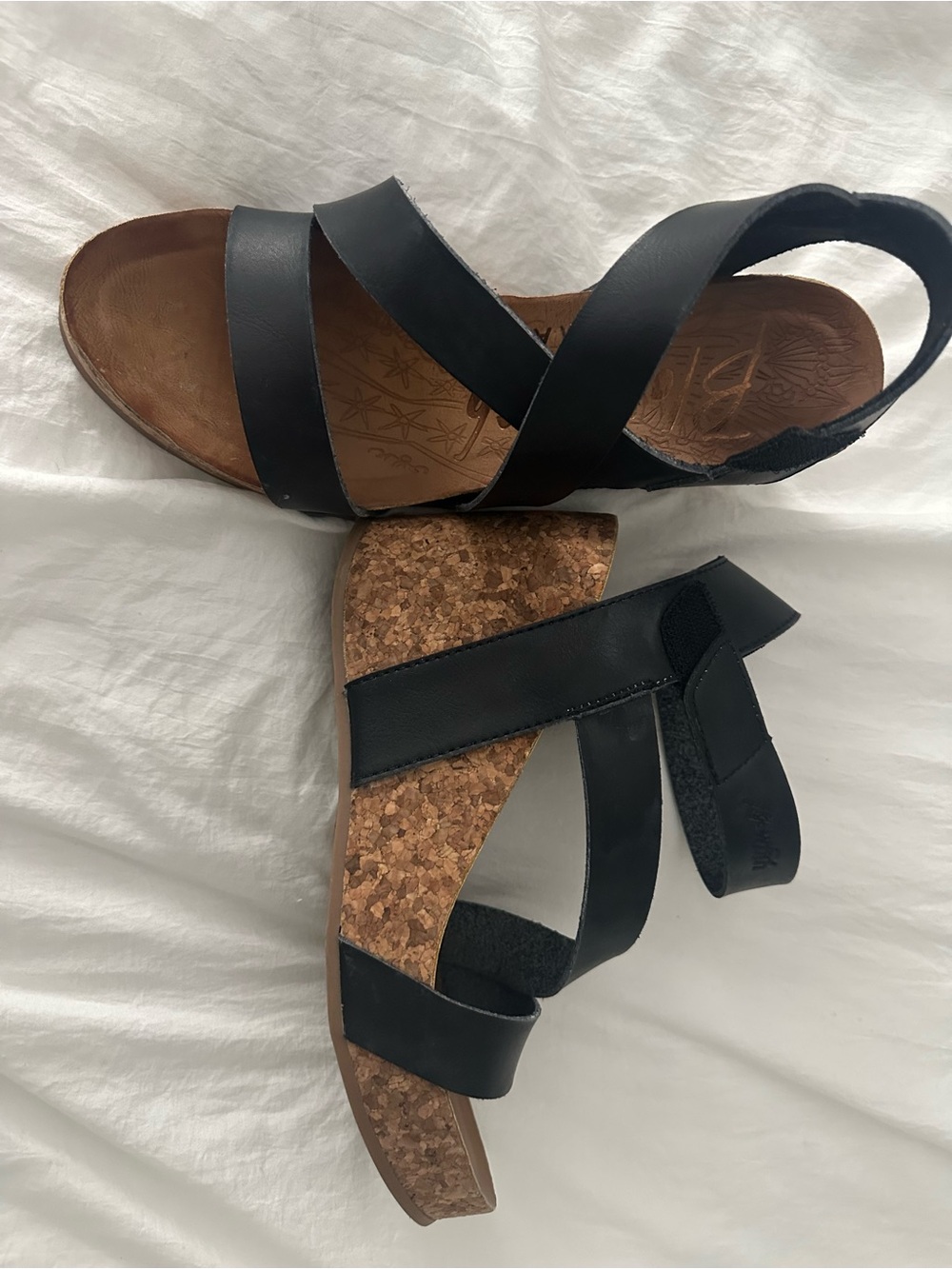 Blowfish Black Leather Cork Wedge Sandals